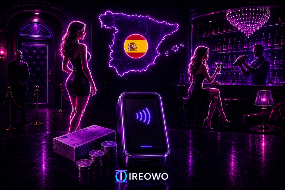 Datáfono y efectivo sobre la barra de un local de ocio nocturno en España con el mapa de España de fondo