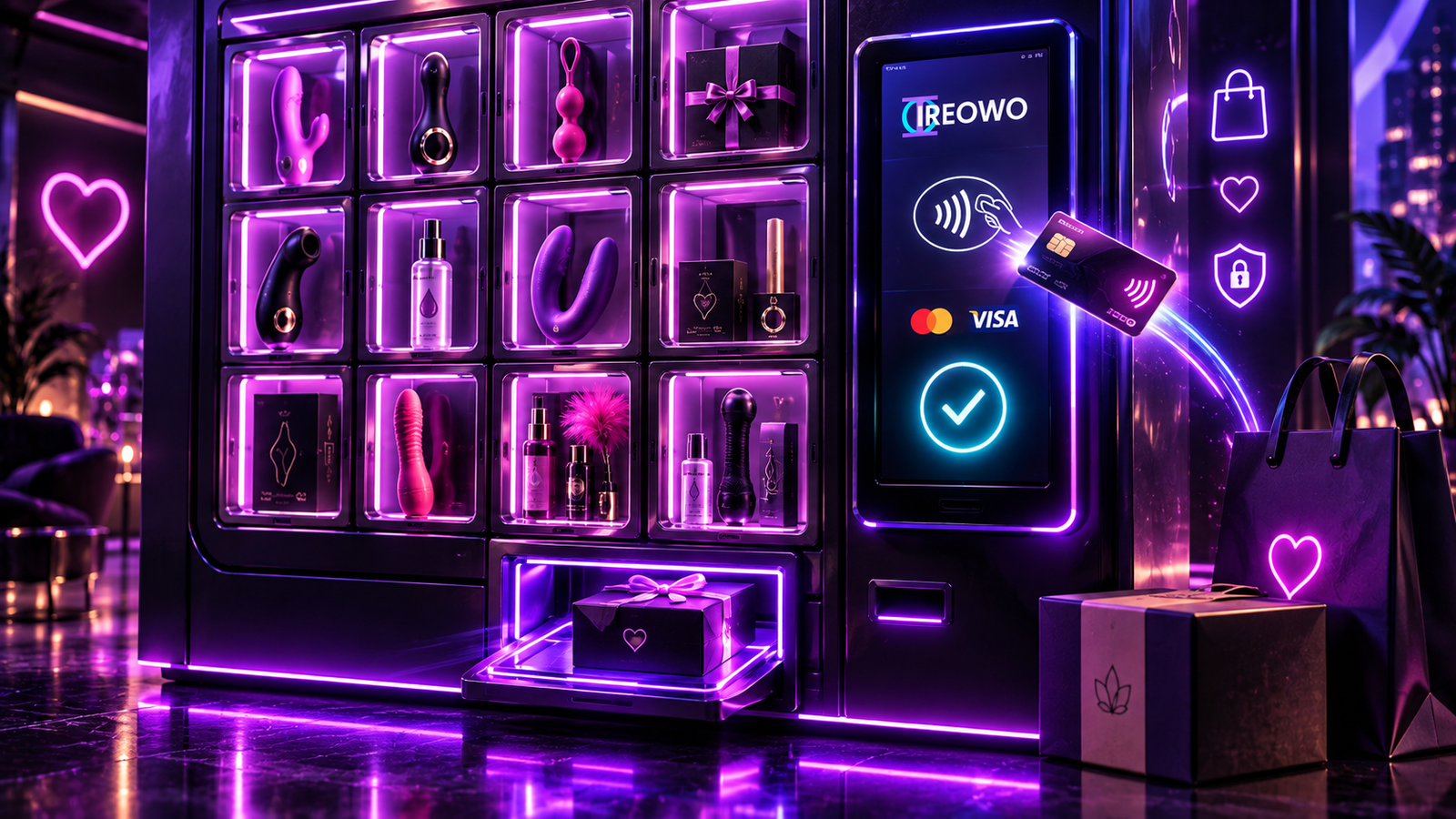 Vitrina de productos de sex shop con pantalla de pago Ireowo aprobando una transacción Visa y Mastercard