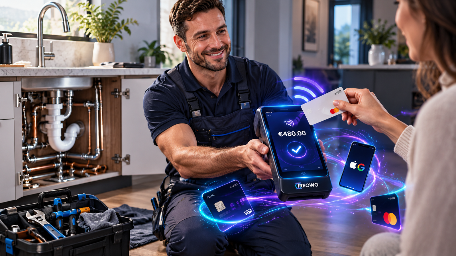 Fontanero usando un datáfono para fontaneros para cobrar con tarjeta contactless en la cocina de un cliente