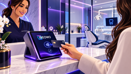 Recepcionista de clínica dental cobrando con pago contactless en un terminal IREOWO en la recepción de una clínica moderna