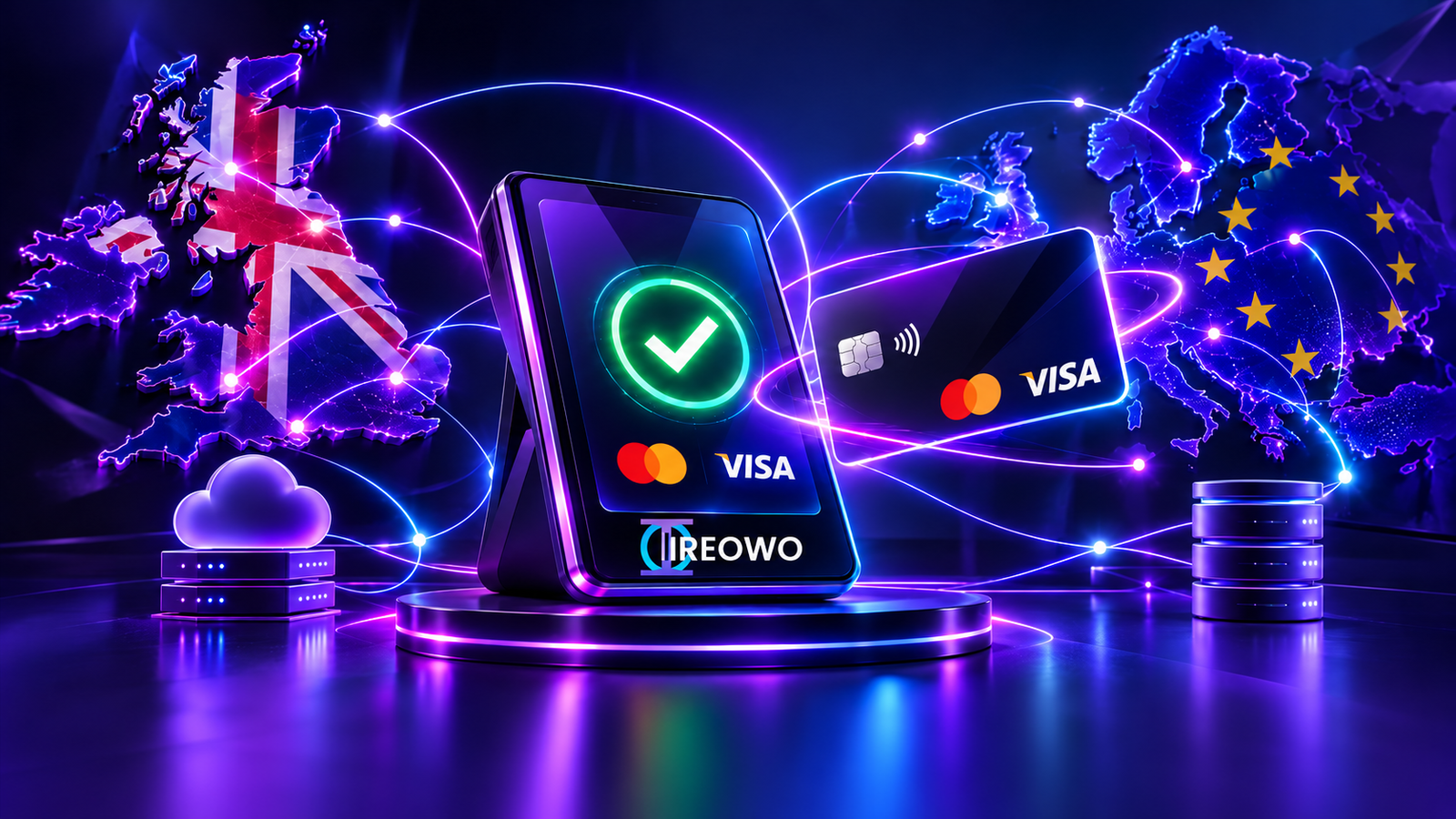 Terminal de pago que confirma un cobro recurrente con Visa y Mastercard para una empresa SaaS en España y Europa