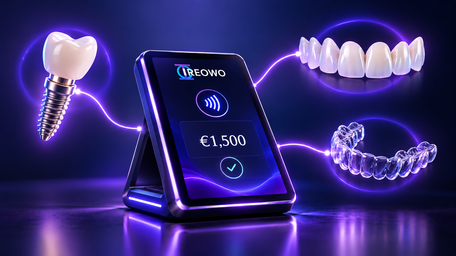 Terminal de pago IREOWO mostrando un cobro de 1.500 euros junto a un implante dental, carillas y férulas transparentes