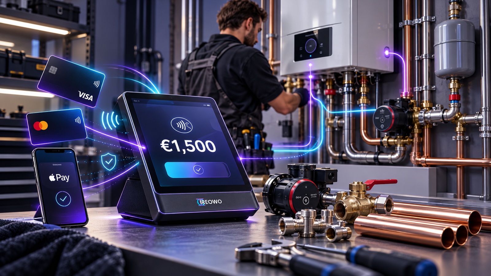TPV de Ireowo para un negocio de fontanería con pago contactless junto a Visa, Mastercard y Apple Pay en un cuarto de calderas