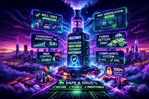 Vape and snus high-risk payment gateway with MCC 5993 approved, age verification active, and daily funds settlement.