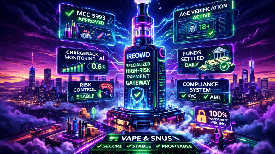 Vape and snus high-risk payment gateway with MCC 5993 approved, age verification active, and daily funds settlement.