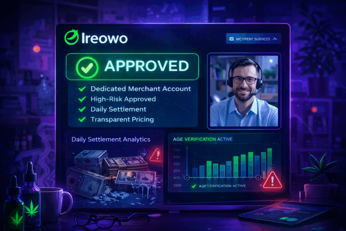 Ireowo approved high risk merchant account dashboard for CBD payment processing with dedicated acquiring and daily settlement