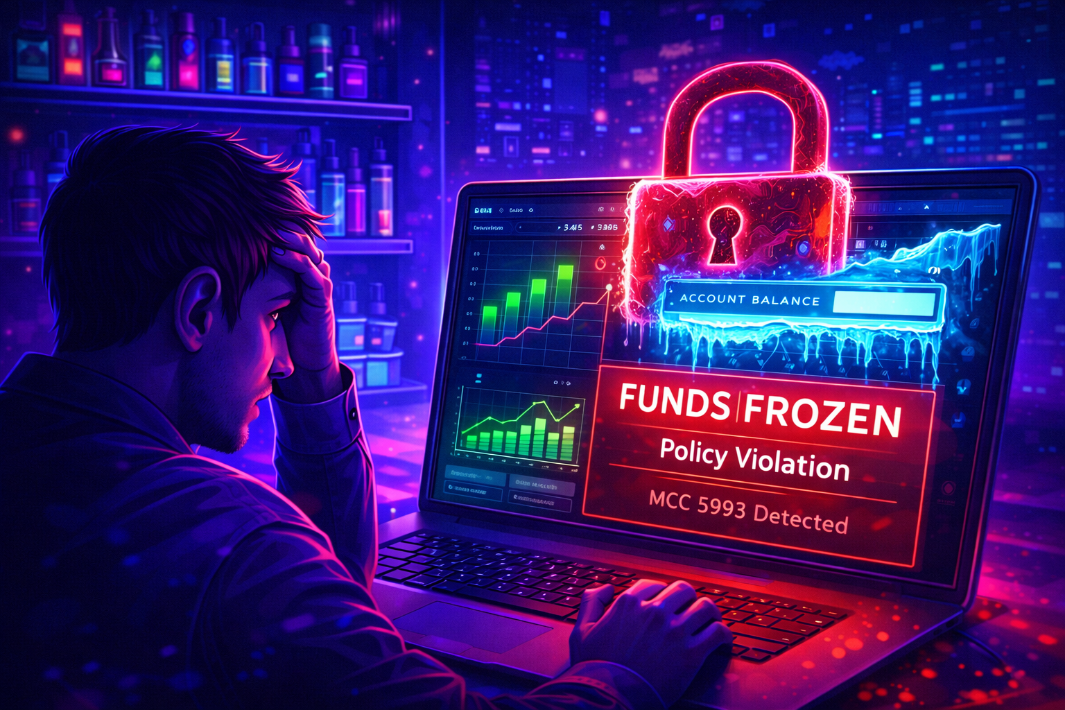 Vape and snus online store owner facing funds frozen notification due to MCC 5993 high-risk payment gateway policy violation.