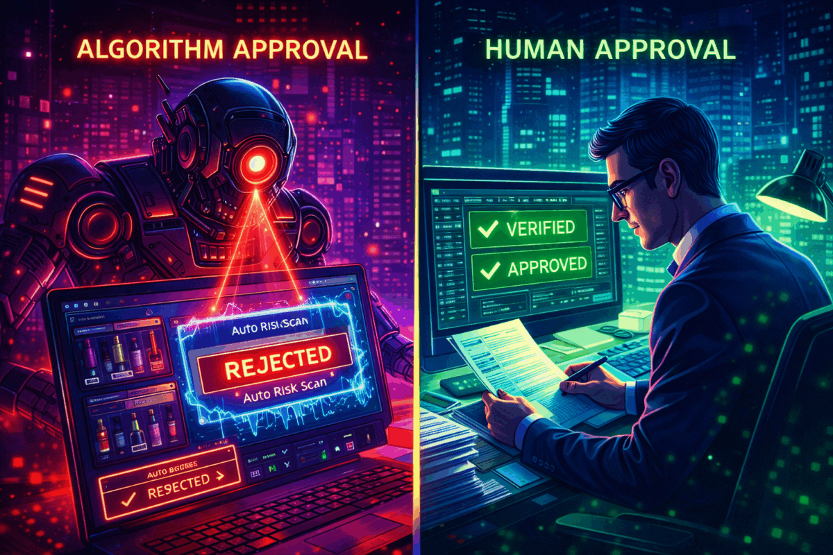 Comparison between automated algorithm rejection and human-approved high-risk payment gateway for vape and snus merchants.