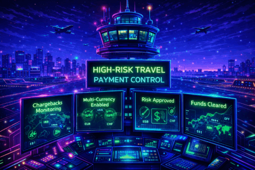 Neon control tower managing high-risk travel payment processing with multi-currency and chargeback monitoring