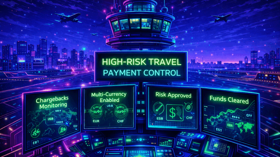 Neon control tower managing high-risk travel payment processing with multi-currency and chargeback monitoring