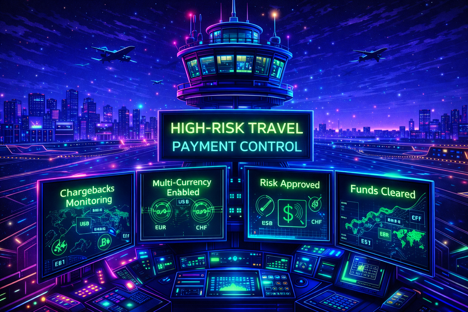 Neon control tower managing high-risk travel payment processing with multi-currency and chargeback monitoring