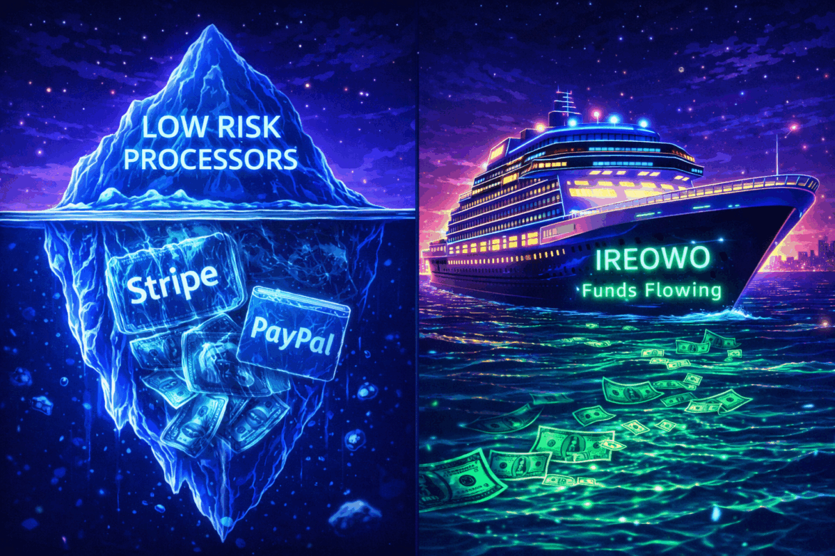Comparison of low-risk processors freezing travel funds versus IREOWO high-risk payment processing with flowing payouts