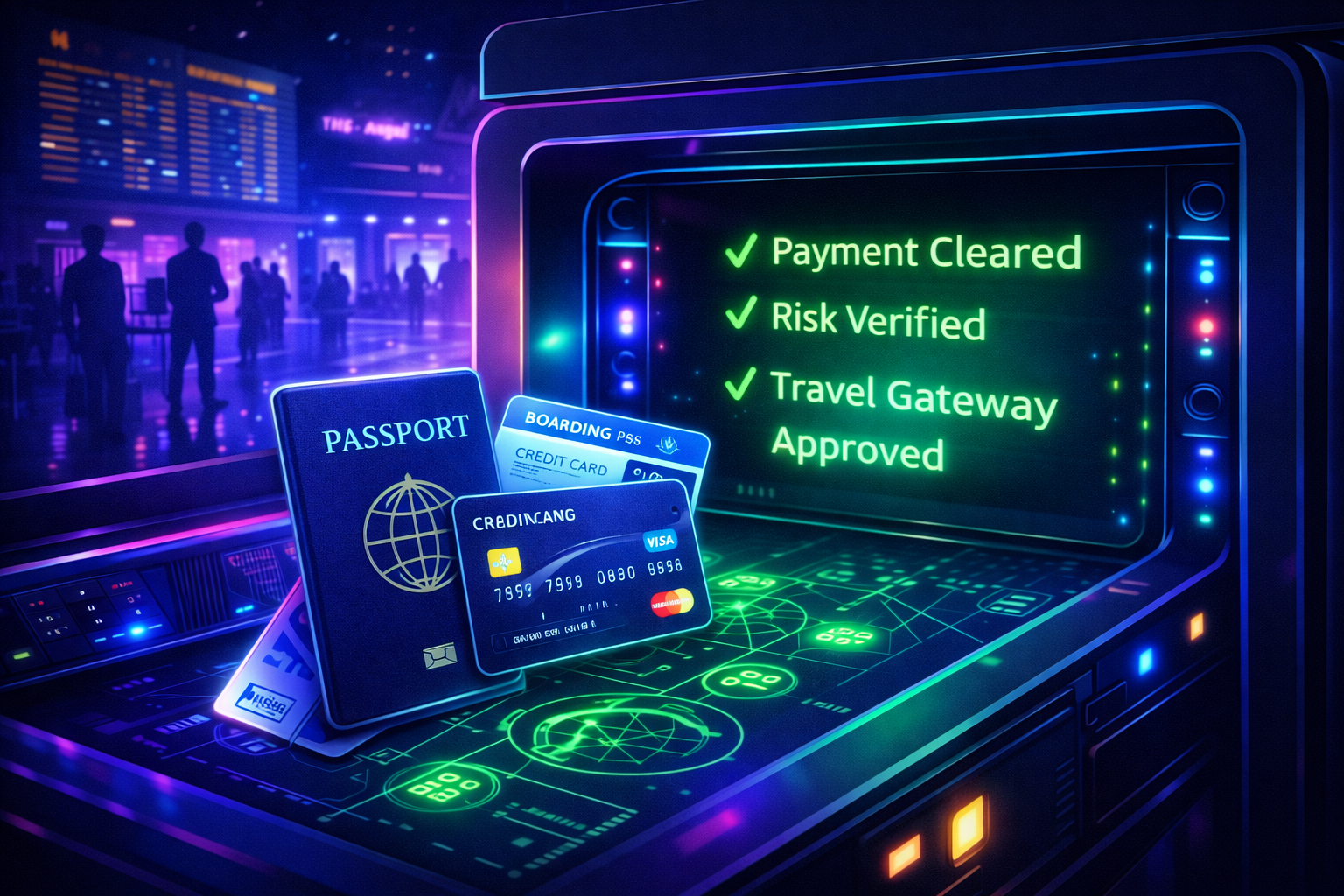 Airport security scanner approving travel payment gateway with passport credit card and risk verified status
